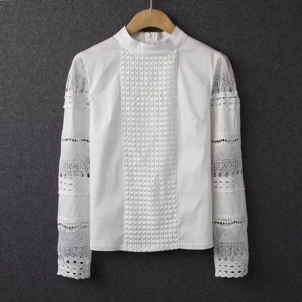 Swiss Dot & Mesh Detail High Collar Blouse